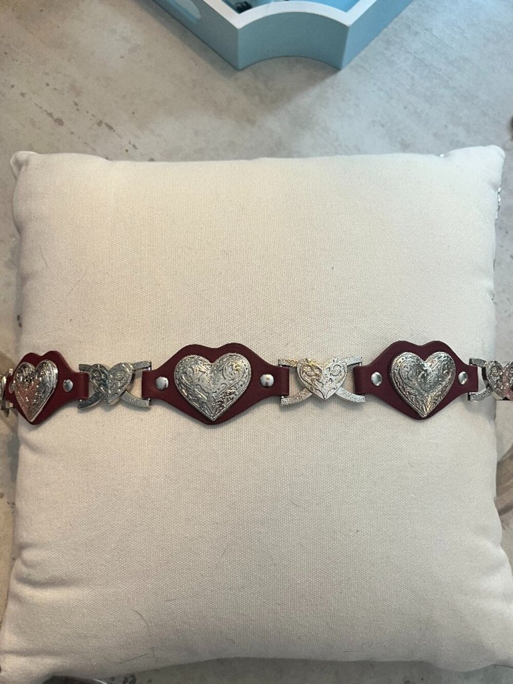 Silver & Burgundy Heart Buckle Belt